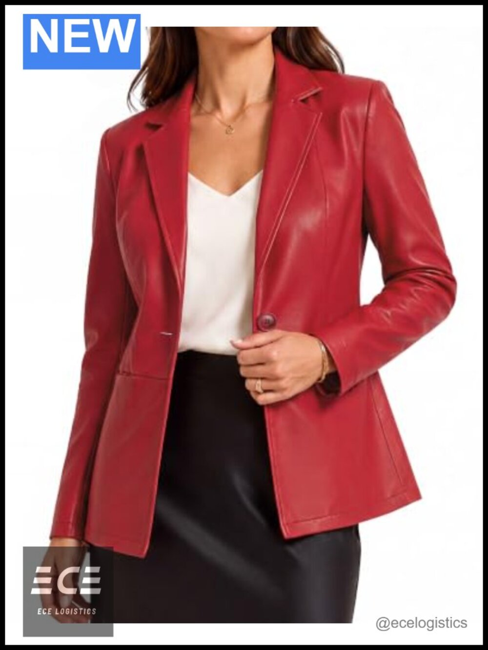 Faux Leather Blazer Jacket Notch Collar 3/4 Sleeve Business Casual